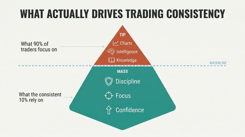 Iceberg diagram showing analysis skills as a small visible tip above water while mindset qualities like discipline and confidence form the massive hidden portion below.