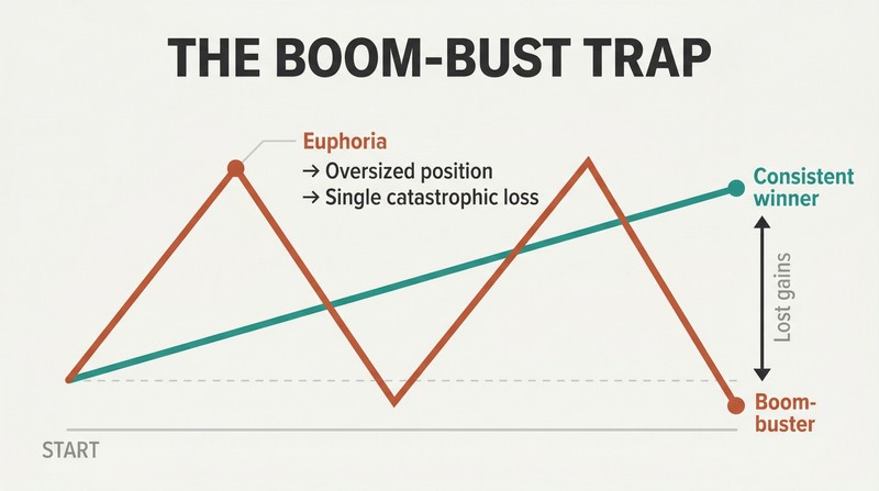 Two equity curves compared over time: a volatile sawtooth line that rises sharply then crashes repeatedly versus a steady ascending line that finishes higher.
