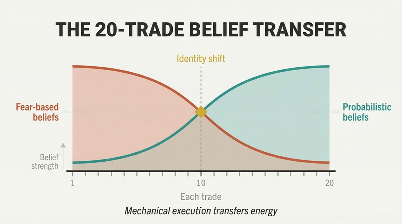 Two crossing curves over twenty trade markers show fear-based beliefs declining as probabilistic confidence rises, meeting at a crossover point where identity shifts.