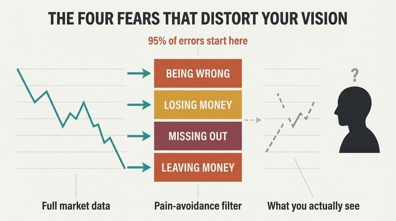 Four labeled fear blocks forming a barrier between clear market data on the left and a distorted, fragmented view on the right.