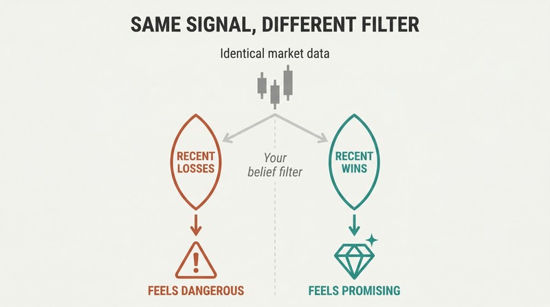 Fork diagram showing one neutral market signal passing through a loss-belief filter to appear as danger, and through a win-belief filter to appear as opportunity.