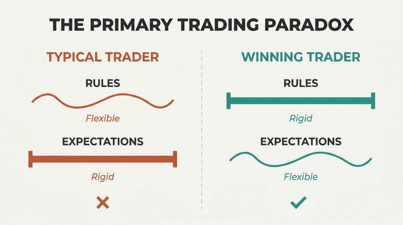 Split panel contrasting the typical trader's flexible rules and rigid expectations against the winning trader's rigid rules and flexible expectations.