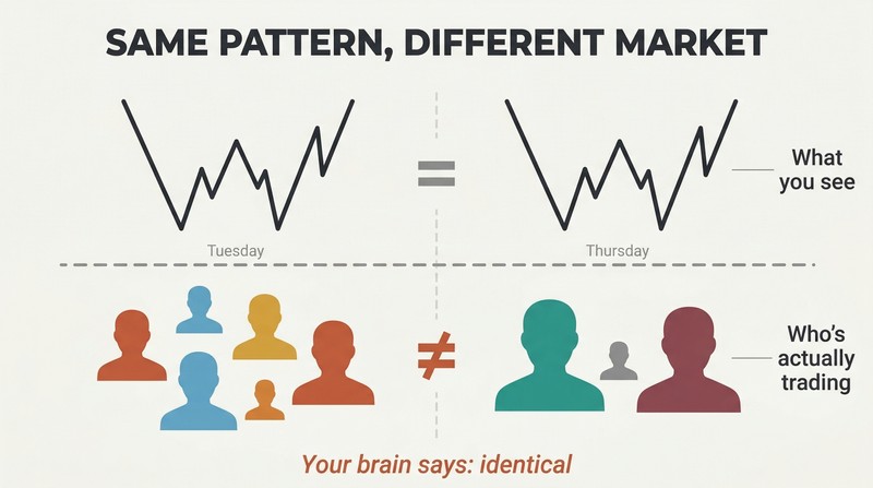 Two side-by-side panels show identical chart patterns above a dividing line, but completely different trader silhouettes below, revealing that similar-looking setups are driven by unique participants.