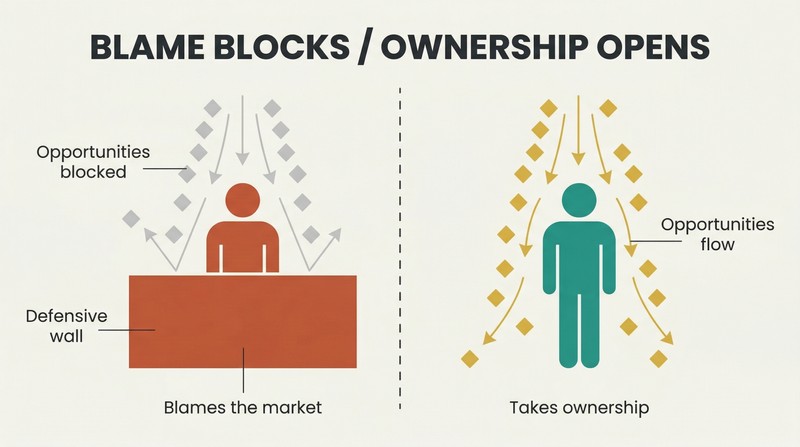 Split panel showing a blaming trader walled off from market opportunities on the left, contrasted with an accountable trader receiving a clear flow of opportunities on the right.