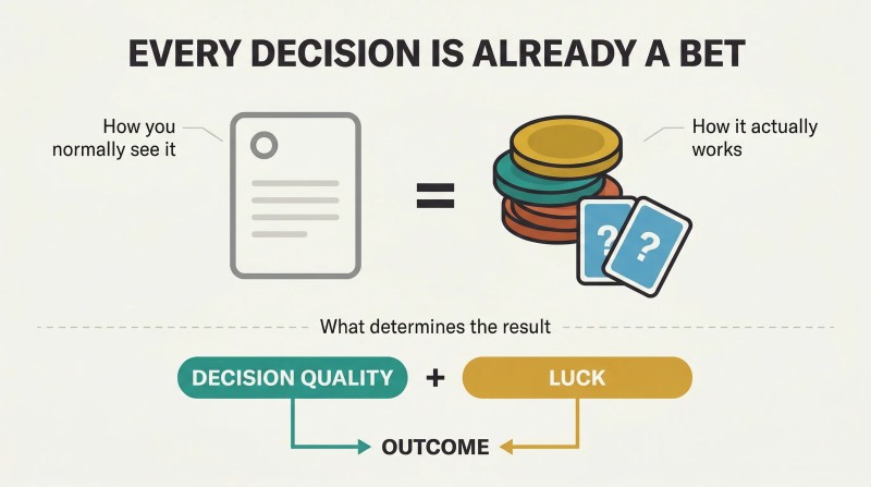Transformation diagram showing an everyday decision on the left equated to a poker bet on the right, with decision quality and luck as the two factors determining outcomes.