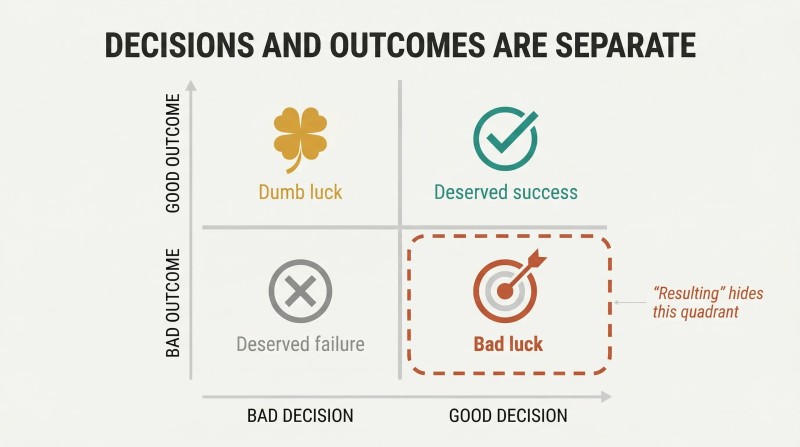Two-by-two matrix crossing good and bad decisions with good and bad outcomes, revealing that good decisions can still produce bad outcomes.