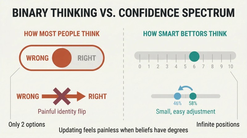 Split panel comparing a crude two-position toggle labeled RIGHT and WRONG against a smooth zero-to-ten confidence scale with a sliding marker showing easy belief updating.