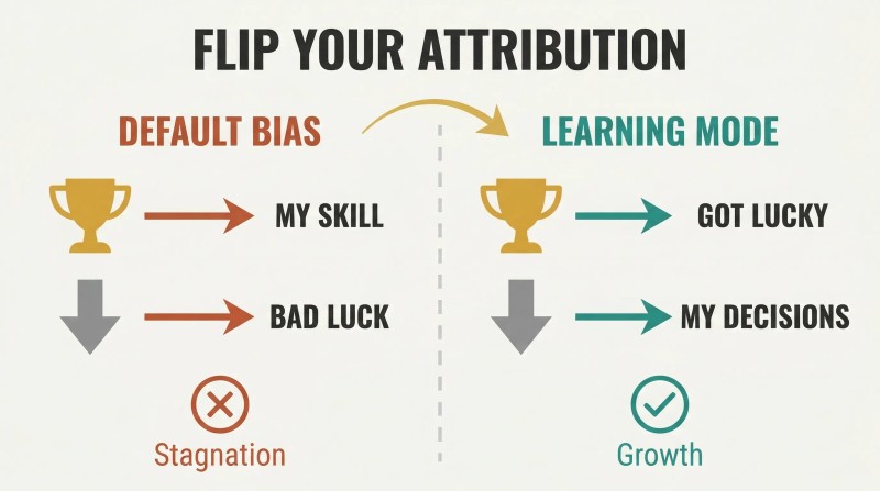 Split panel comparing default self-serving bias with the reversed learning mode, showing how win and loss attributions swap between skill and luck.