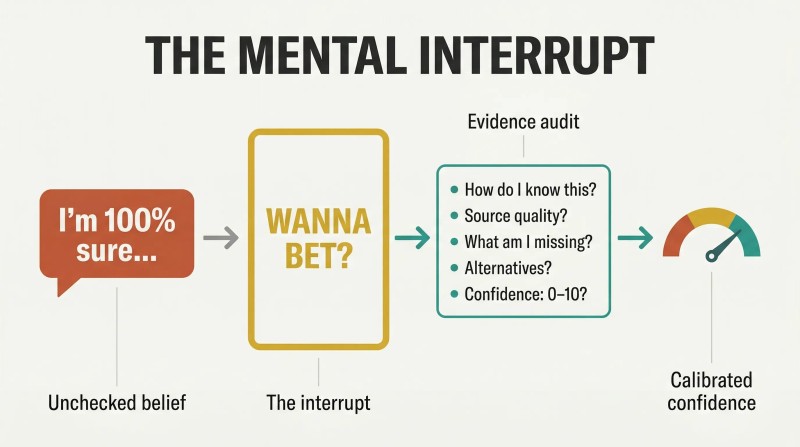 Horizontal pipeline showing a confident belief hitting a "Wanna bet?" gate that forces it through five vetting questions before emerging as calibrated confidence.