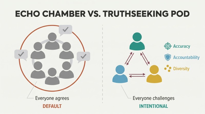 Split panel comparing an echo chamber of identical agreeing figures on the left with a diverse truthseeking pod of distinct figures on the right, labeled with three key elements.