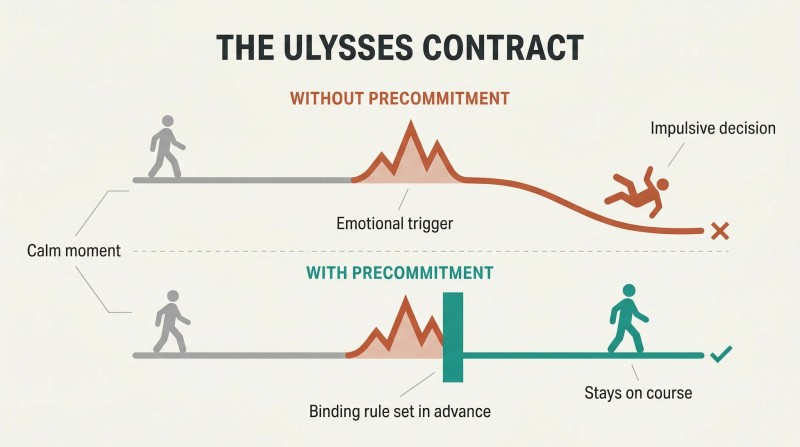 Split panel comparing two timelines where an emotional wave derails an unprotected figure but is blocked by a precommitment barrier protecting a second figure.