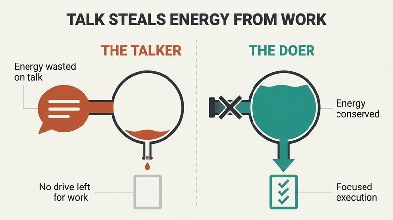 Split-panel diagram showing how talking about goals drains the mental energy reservoir, while silence channels that energy into focused execution.