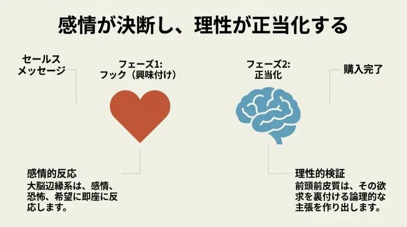 Sequential flowchart illustrating how a sales message first triggers an emotional response in the heart before passing to the brain for logical rationalization and final purchase.