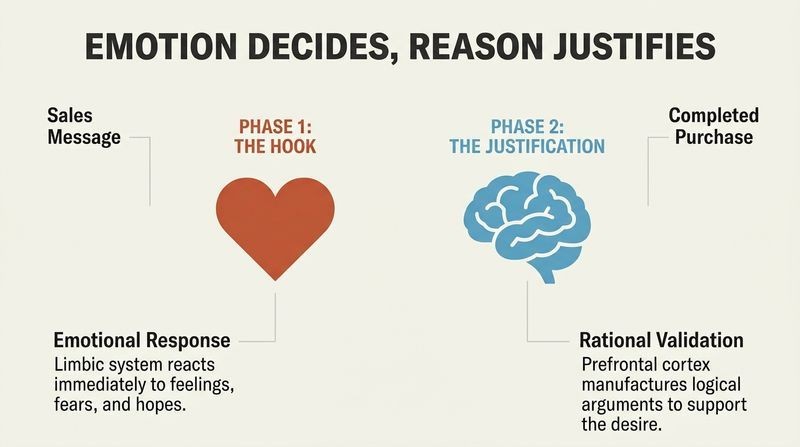 Sequential flowchart illustrating how a sales message first triggers an emotional response in the heart before passing to the brain for logical rationalization and final purchase.