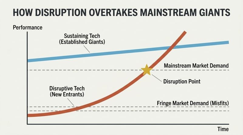 Line chart showing how disruptive tech starts below mainstream needs, serving only fringe users, but rises rapidly to eventually cross the mainstream performance threshold.