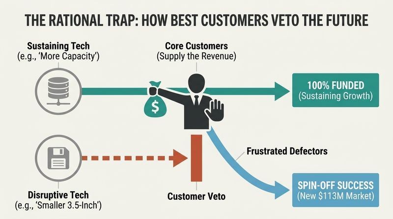 Diagram showing how core customer demands fund sustaining innovations but veto disruptive ideas, forcing frustrated engineers to spin off and capture the market.