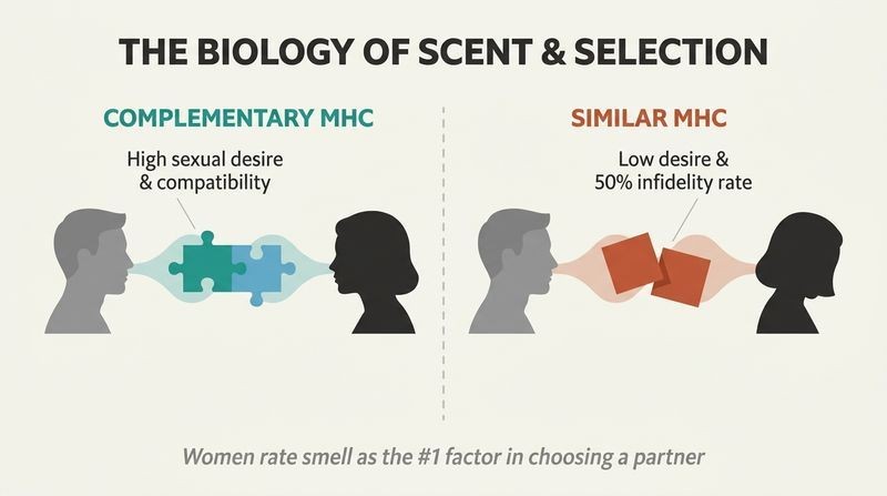 Split-panel diagram comparing how complementary MHC genes trigger attraction and relationship stability through scent, while genetically similar pairs experience low sexual desire and high infidelity.