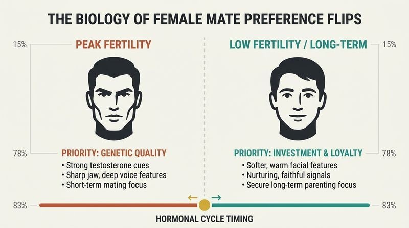 Split panel diagram comparing a woman's shift in mate preferences across her hormonal cycle, favoring masculine traits during high fertility and softer, supportive traits during low fertility.