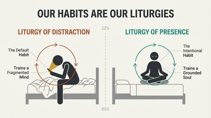 Split panel comparison showing how reactive smartphone habits train distraction, while intentional silent habits train presence.