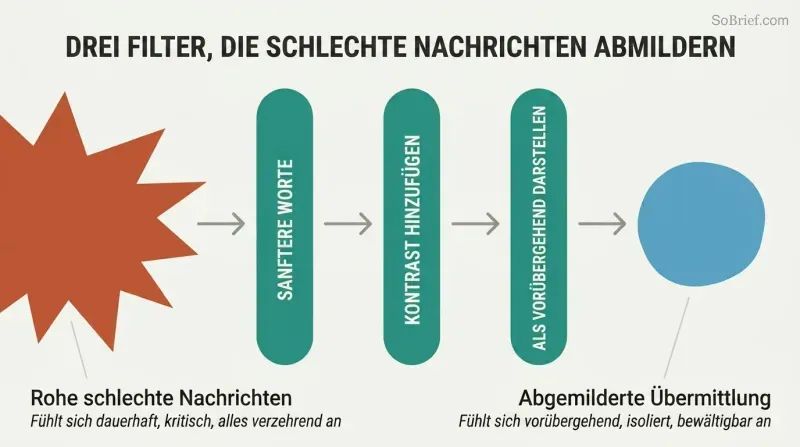 A sharp angular shape representing raw bad news passes through three labeled filter bars and emerges as a smaller rounded shape, showing how language, contrast, and framing reduce emotional impact.