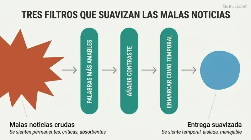 A sharp angular shape representing raw bad news passes through three labeled filter bars and emerges as a smaller rounded shape, showing how language, contrast, and framing reduce emotional impact.