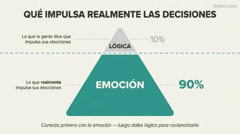 Iceberg diagram showing a small logic tip visible above a waterline and a massive emotion body submerged below, representing that 90% of decisions are emotion-driven.