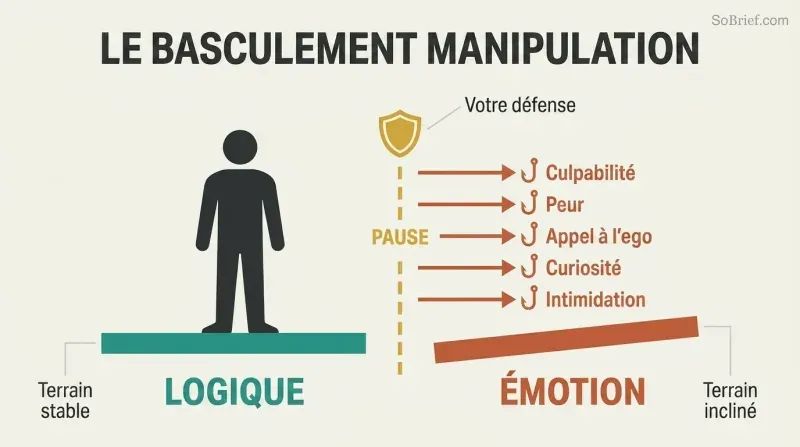 A silhouette figure standing on a stable logic platform resists five labeled emotional hooks pulling toward a tilted emotion zone, blocked by a pause barrier.
