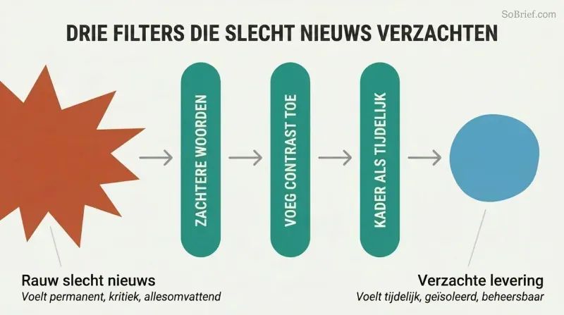 A sharp angular shape representing raw bad news passes through three labeled filter bars and emerges as a smaller rounded shape, showing how language, contrast, and framing reduce emotional impact.
