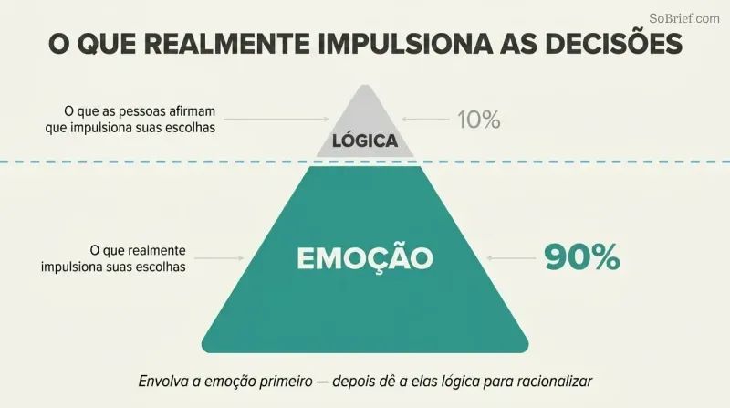 Iceberg diagram showing a small logic tip visible above a waterline and a massive emotion body submerged below, representing that 90% of decisions are emotion-driven.