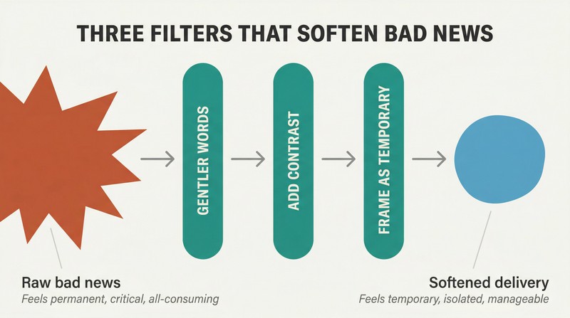 A sharp angular shape representing raw bad news passes through three labeled filter bars and emerges as a smaller rounded shape, showing how language, contrast, and framing reduce emotional impact.