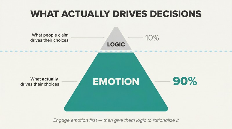 Iceberg diagram showing a small logic tip visible above a waterline and a massive emotion body submerged below, representing that 90% of decisions are emotion-driven.
