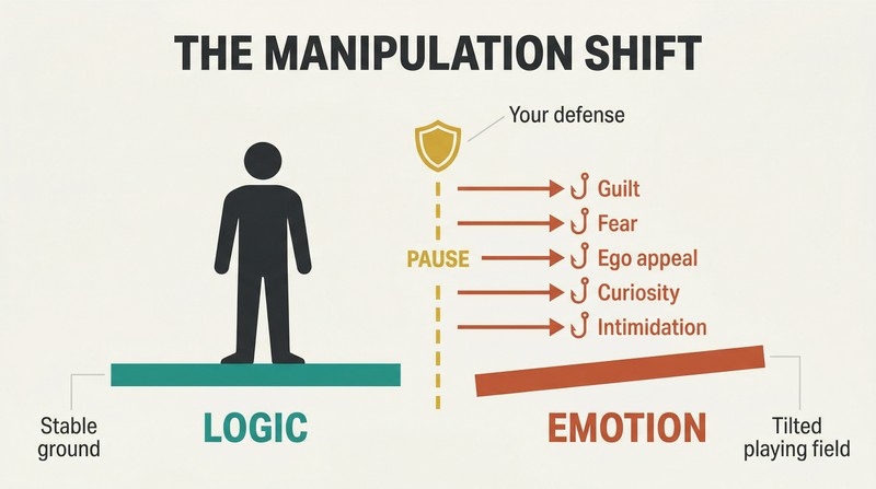 A silhouette figure standing on a stable logic platform resists five labeled emotional hooks pulling toward a tilted emotion zone, blocked by a pause barrier.