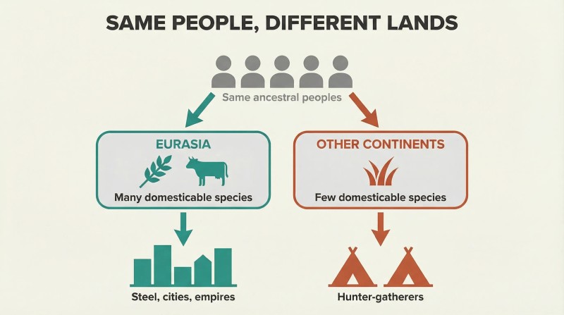 Fork diagram showing identical ancestral peoples diverging through resource-rich and resource-poor continental environments into vastly different societal outcomes.
