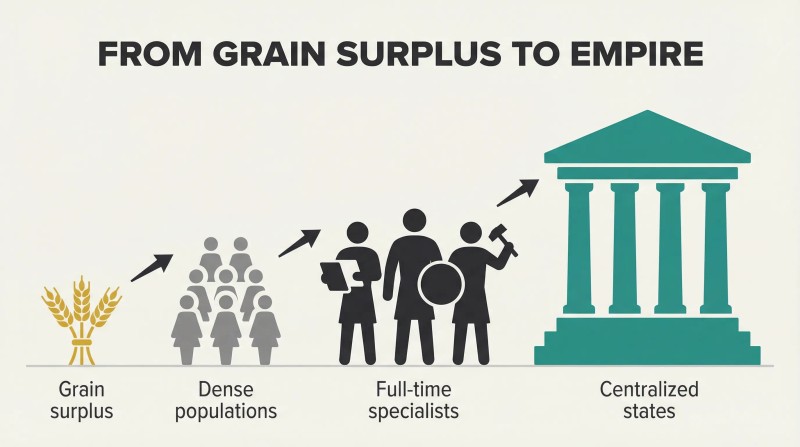 Ascending chain of four progressively larger icons from wheat sheaf to temple, showing how grain surplus cascaded into centralized states.