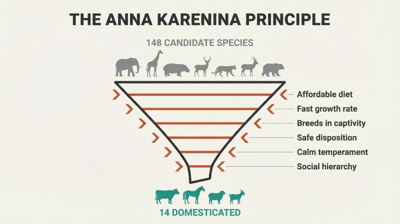 Funnel narrowing from 148 candidate animal species through six labeled elimination filters to just 14 domesticated survivors at the bottom.