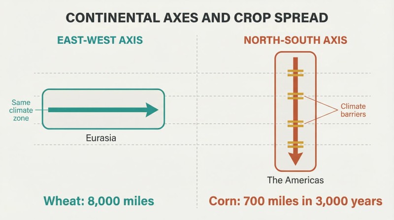 Split panel comparing Eurasia's wide east-west shape with a horizontal arrow staying within one climate band against the Americas' tall north-south shape with a vertical arrow blocked at every climate boundary.
