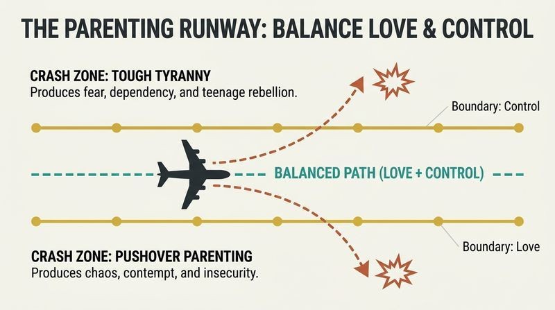 A runway flight path diagram showing a central safe lane of balanced love and control flanked by dangerous crash zones representing extreme control and extreme permissiveness.