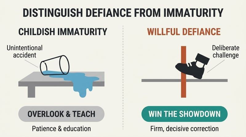 Split panel comparison contrasting childish immaturity (spilled milk) with willful defiance (stepping over a line), showing the required parenting response for each.
