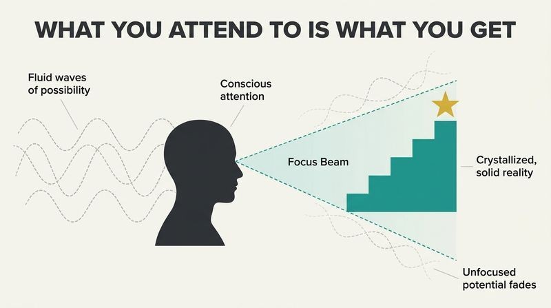Transition diagram showing unformed waves of probability on the left collapsing into a solid, ascending teal staircase on the right where a central observer's beam of attention strikes them.