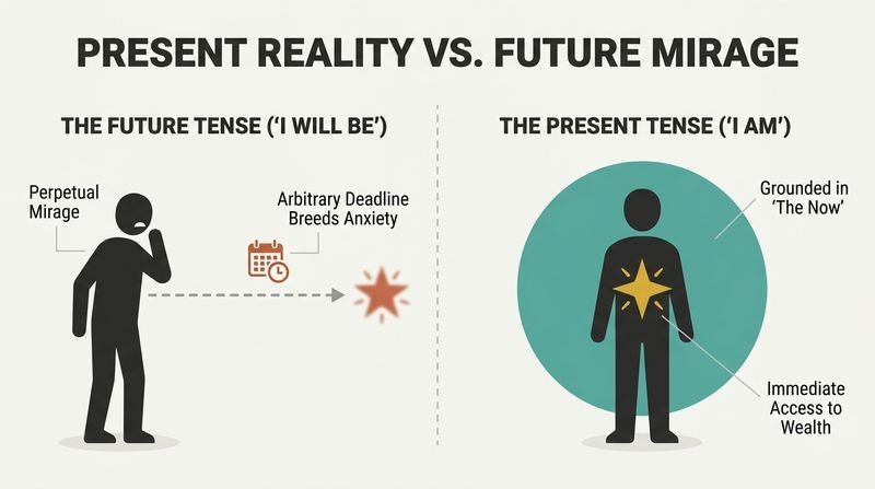 Split diagram contrasting an anxious future-tense timeline containing a distant goal with a grounded present-tense circle of immediate abundance.