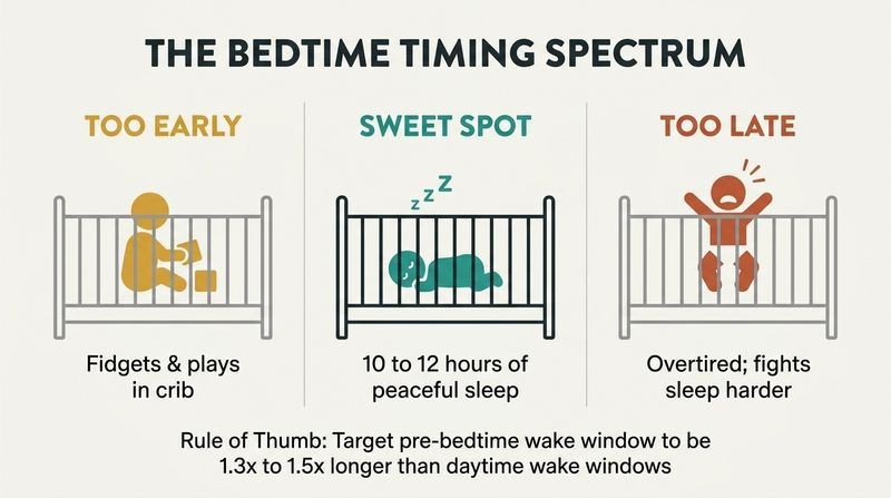 Three-panel diagram comparing baby sleep outcomes: too early leads to playing in the crib, sweet spot leads to peaceful sleep, and too late leads to an overtired crying child.