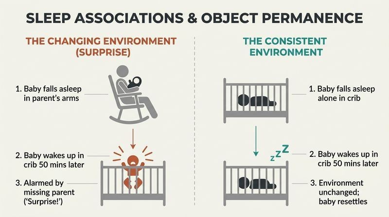 Split panel comparison showing how changing a baby's sleep environment between falling asleep and waking up triggers an alarm state, while consistent conditions allow peaceful resettling.