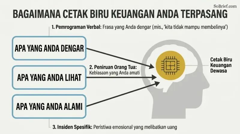 Diagram showing how three childhood channels—verbal programming, modeling, and emotional incidents—converge to program the adult subconscious money blueprint.