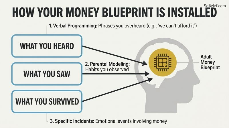 Diagram showing how three childhood channels—verbal programming, modeling, and emotional incidents—converge to program the adult subconscious money blueprint.