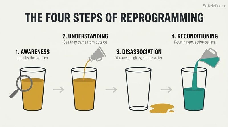 Timeline showing the four steps of reprogramming beliefs: awareness, understanding, disassociation, and reconditioning, illustrated using glass and liquid.