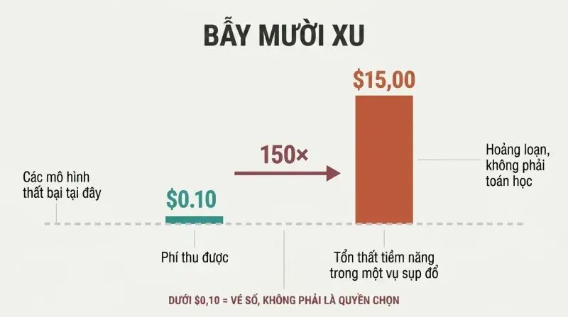 Two dramatically unequal vertical bars showing a tiny $0.10 premium collected dwarfed by a towering $15.00 potential loss, separated by a danger threshold line.