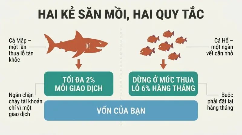 Split panel showing a shark blocked by a 2% per-trade shield on the left and piranhas blocked by a 6% monthly shield on the right, protecting capital below.