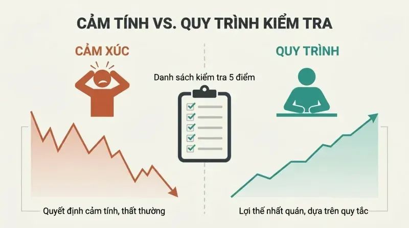 Split panel comparing emotional gut-feeling trading with declining results on the left against checklist-driven disciplined trading with consistent results on the right.