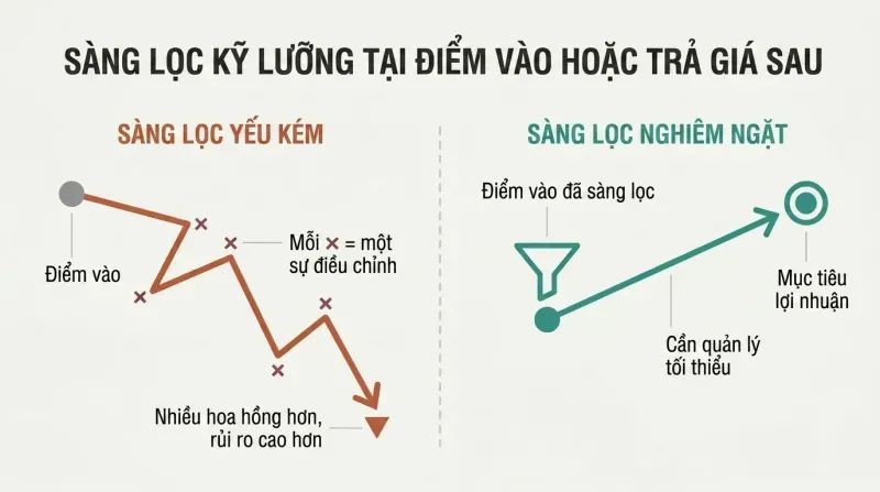 Split panel comparing a tangled zigzag path of over-adjusted trades against a clean straight path from rigorous screening to profit.