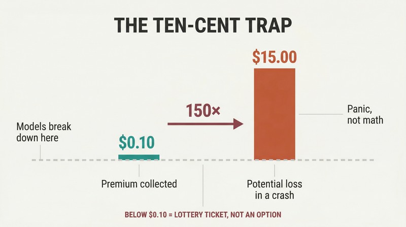 Two dramatically unequal vertical bars showing a tiny $0.10 premium collected dwarfed by a towering $15.00 potential loss, separated by a danger threshold line.